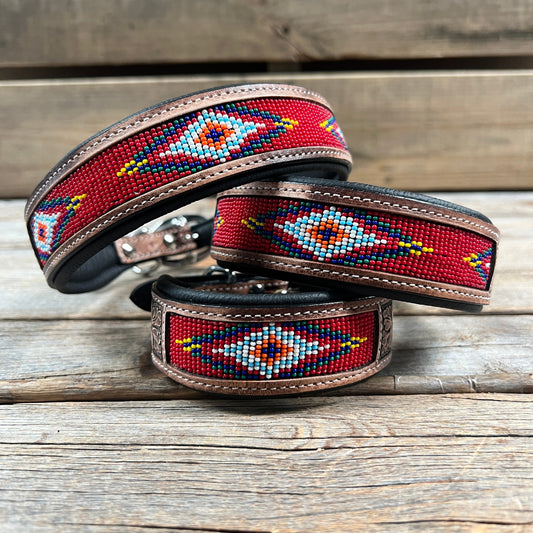 Tooled Red Leather Beaded Dog Collar #DC439