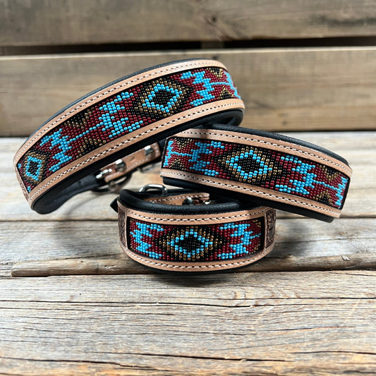 Tooled Brown and Blue Leather Beaded Dog Collar #DC438