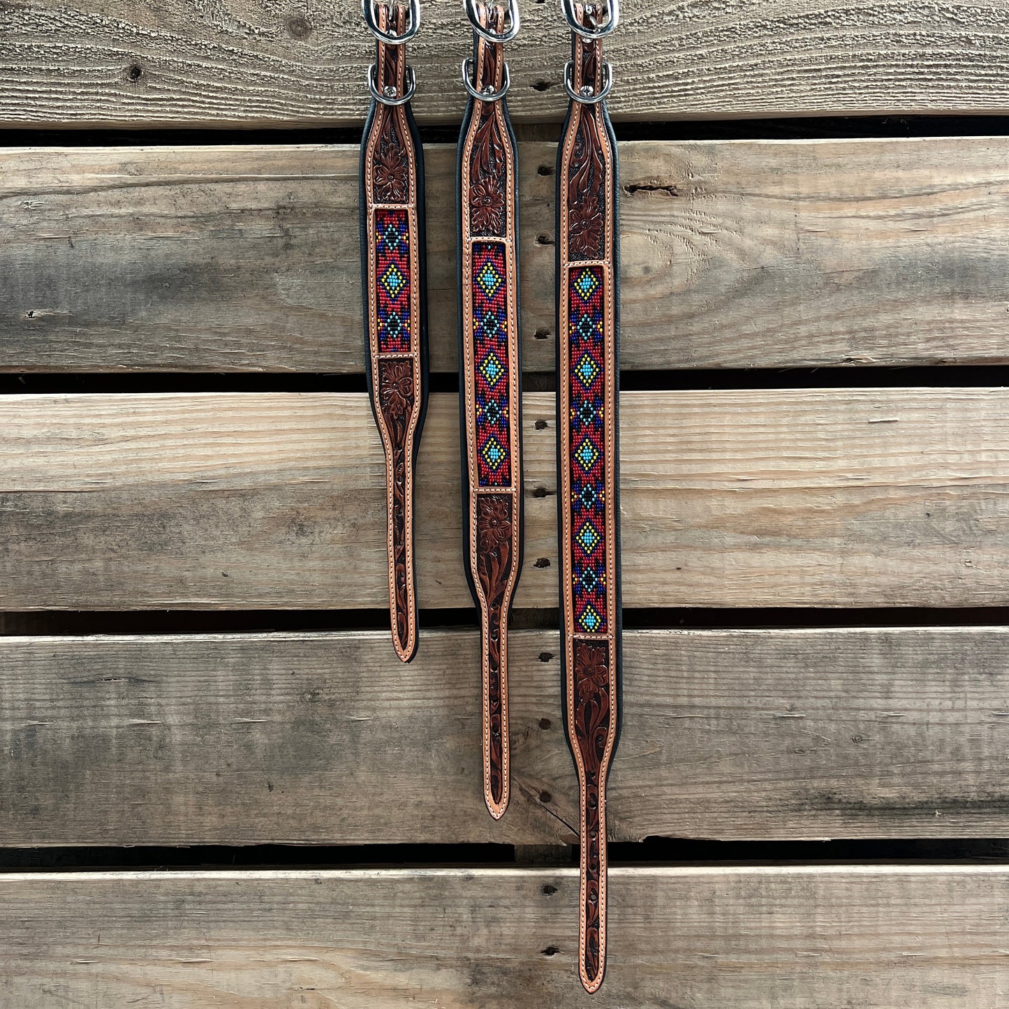 Tooled Red and Purple Leather Beaded Dog Collar #DC437
