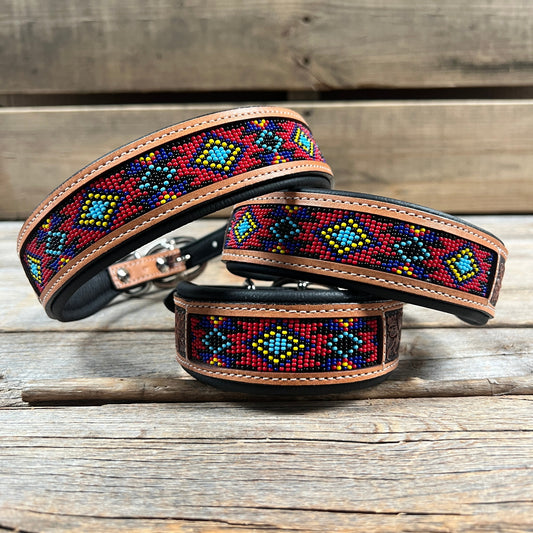 Tooled Red and Purple Leather Beaded Dog Collar #DC437