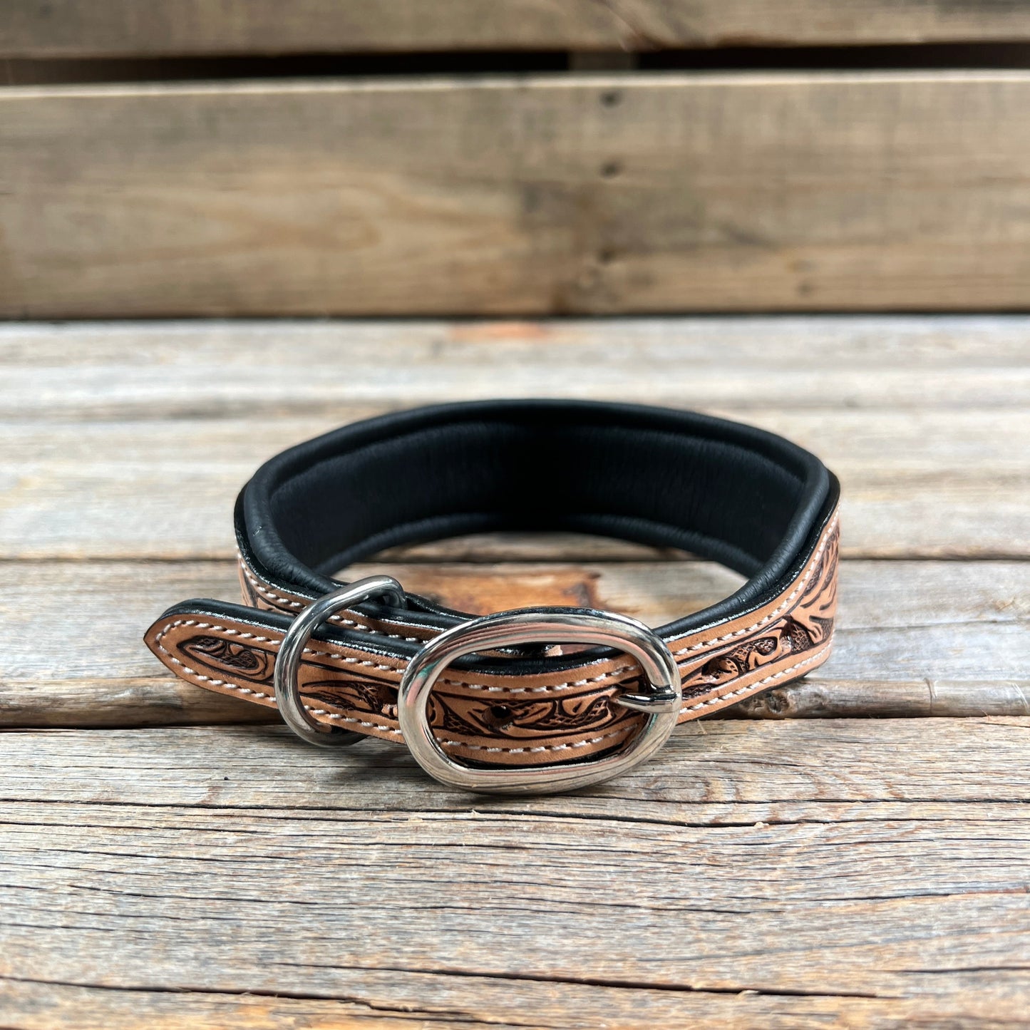 Tooled Yellow Leather Beaded Dog Collar #DC436