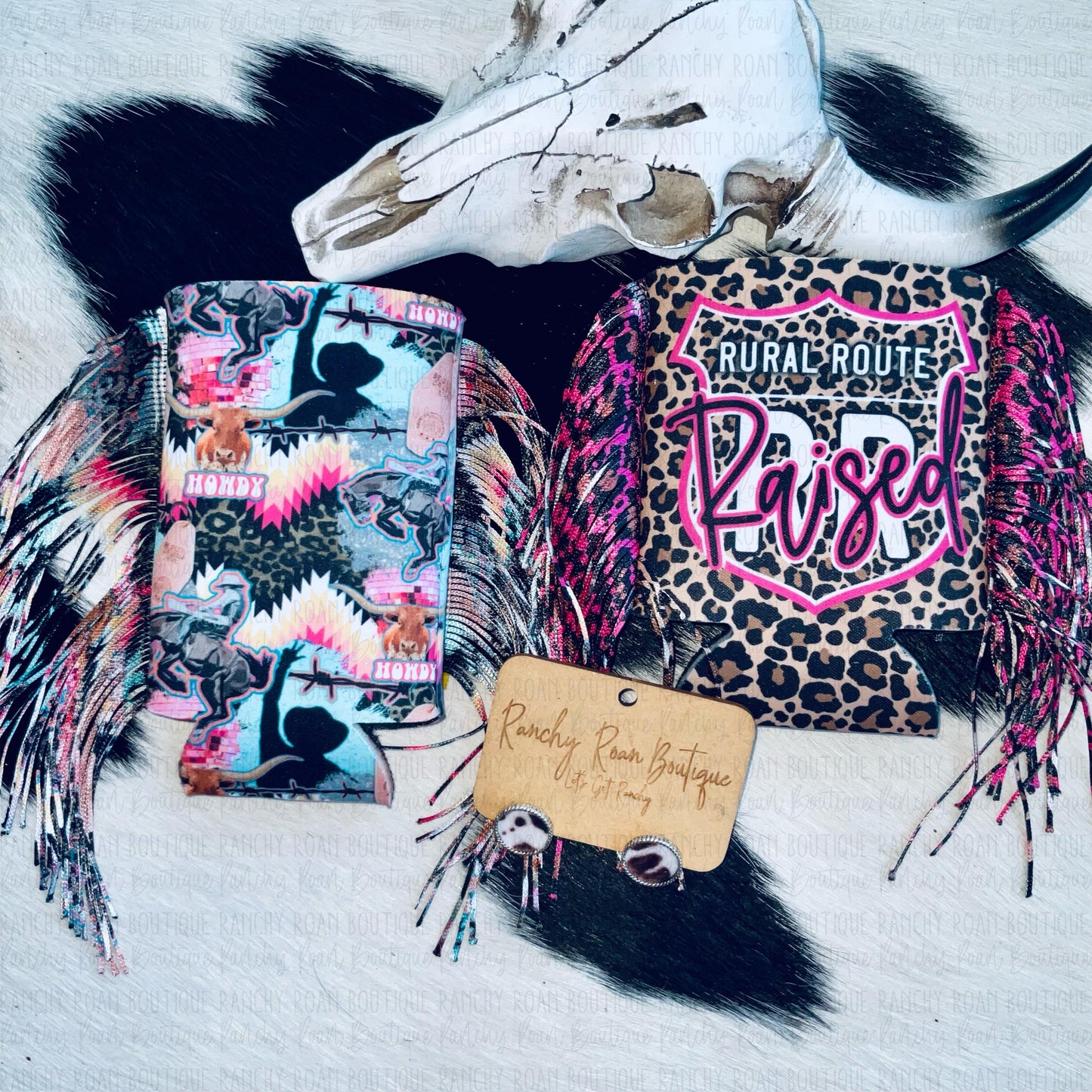 Rural Route Raised Pink Leopard Fringe Western Koozie