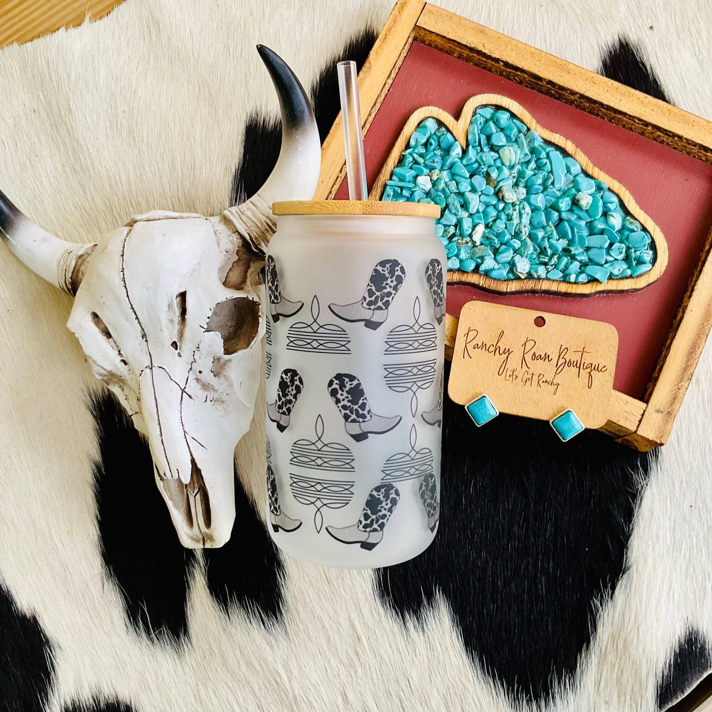 Boot Stitch Cowboy Western Frosted Glass 16 oz Western Tumbler