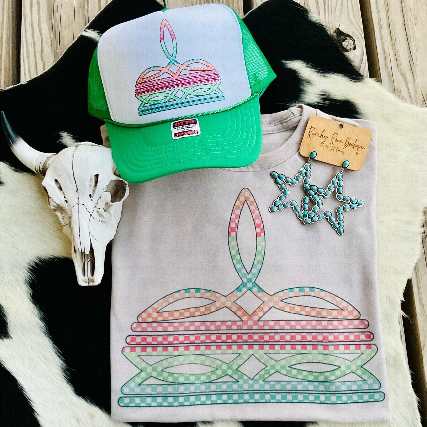Checkered Boot Stitch Western Foam Trucker Hat