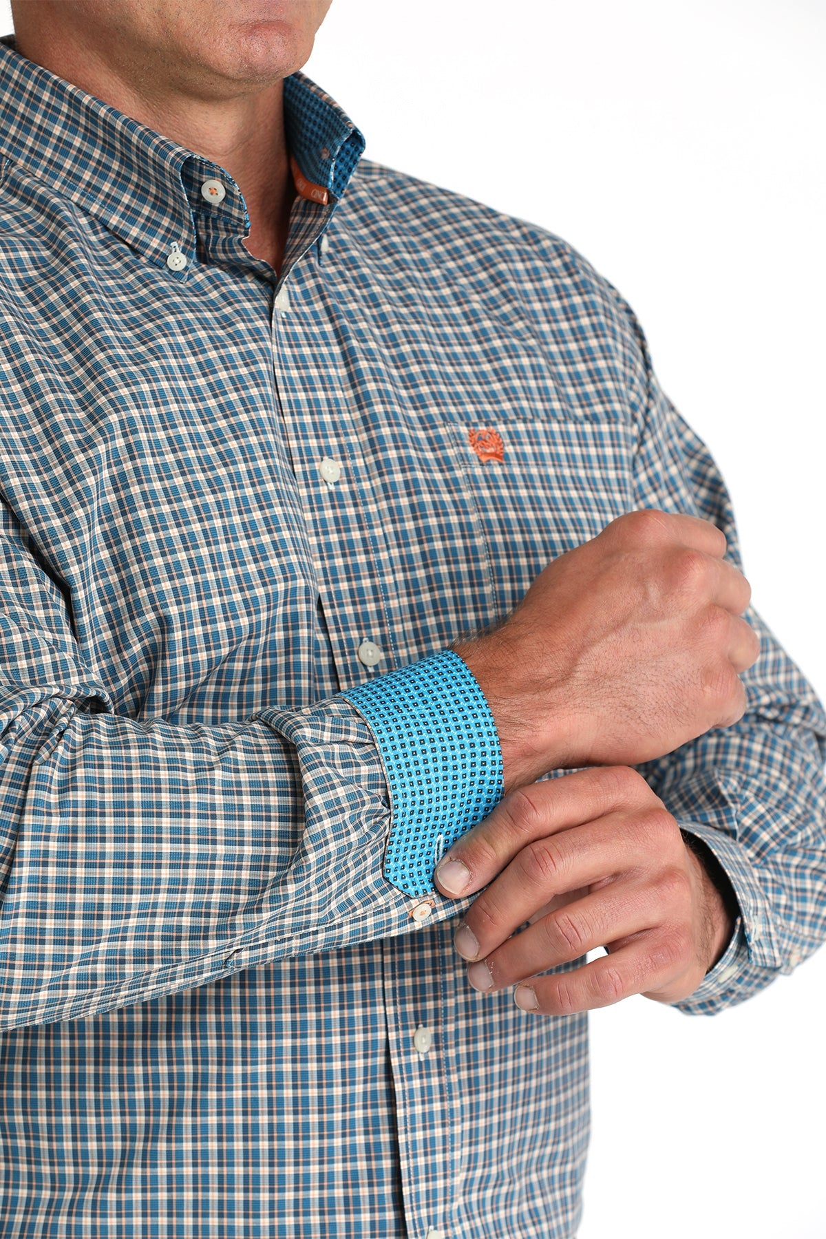 Mens Cinch LS Button Up- Blue/Orange Plaid