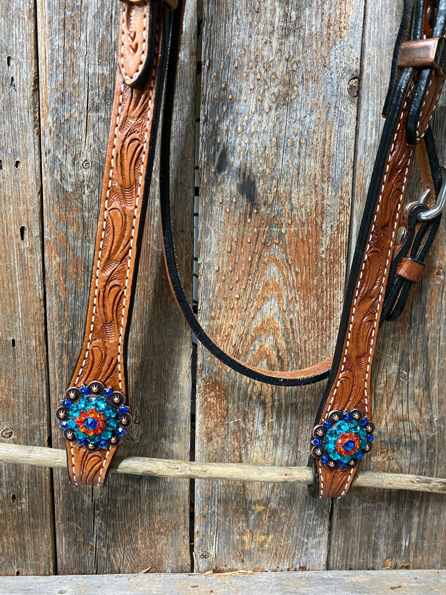 Light Oil Floral Tooled Orange and Teal Browband & Breastcollar Tack Set #BBBC427