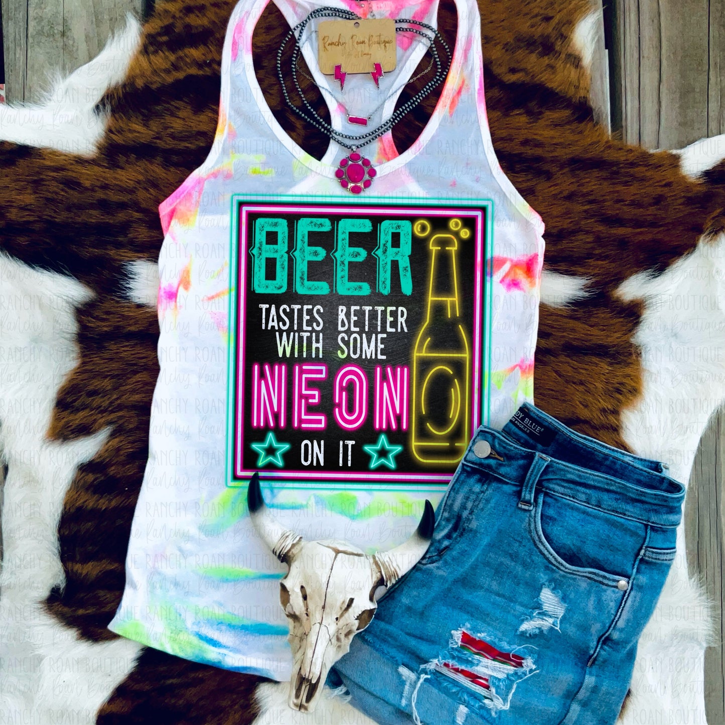 Neon Beer Western Graphic Racerback Tank Top