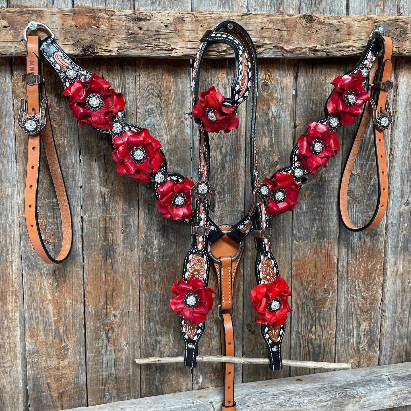 Classic Red Rose and Clear Browband/One Ear Tack Set #OEBC421