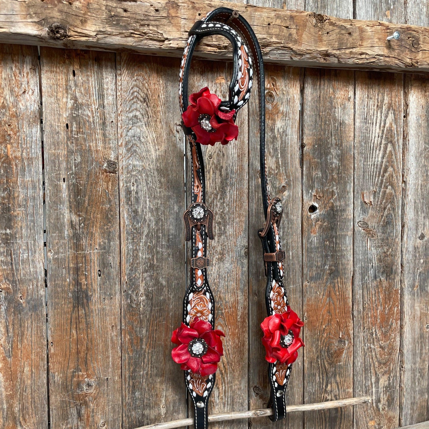 Classic Red Rose and Clear Browband/One Ear Tack Set #OEBC421