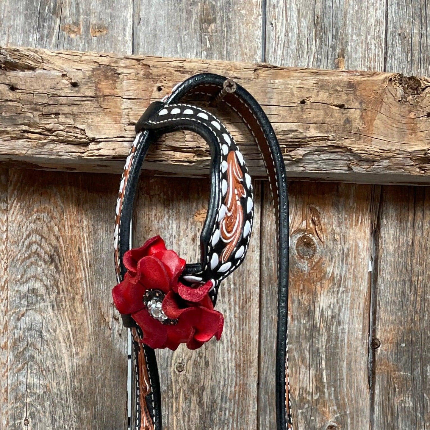 Classic Red Rose and Clear Browband/One Ear Tack Set #OEBC421