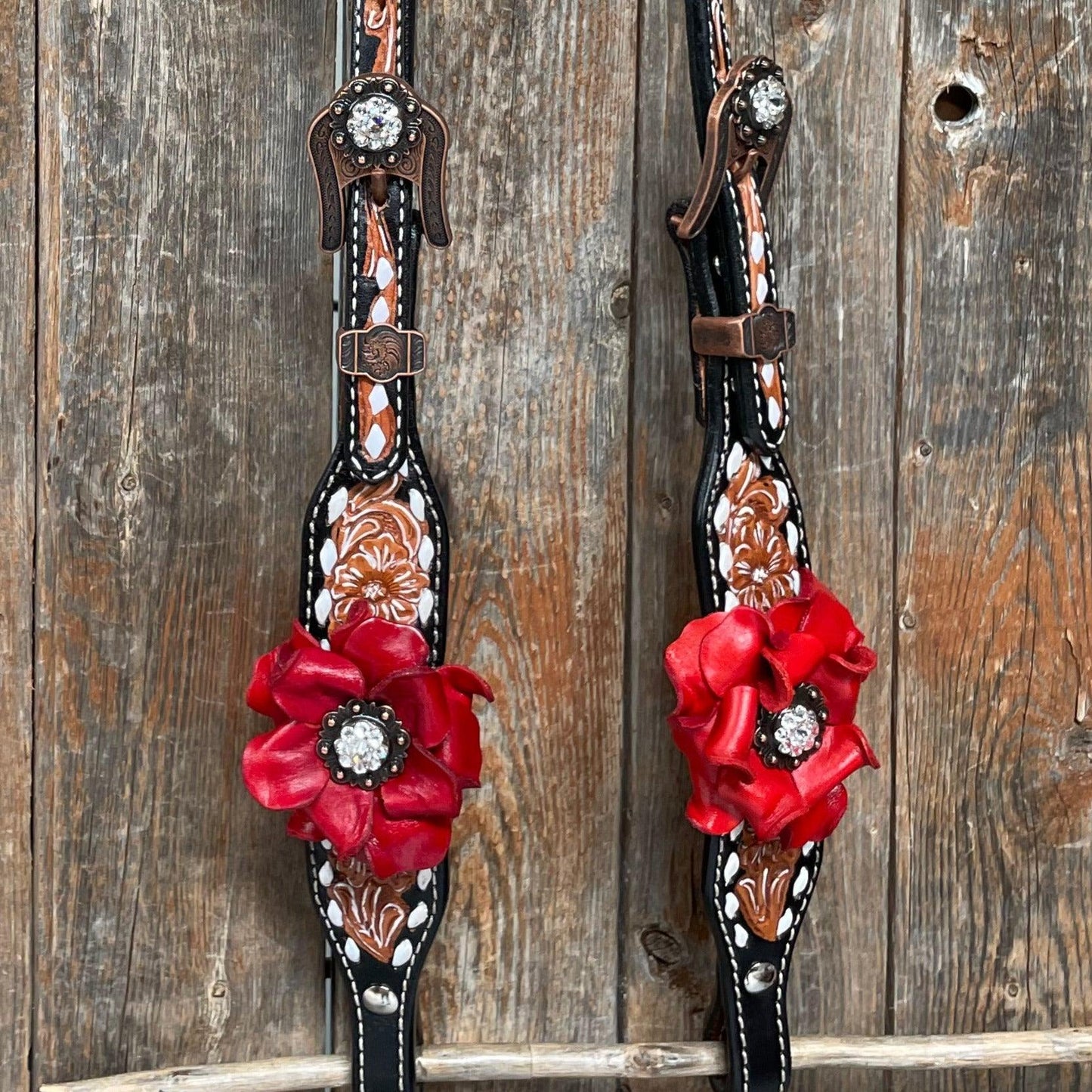 Classic Red Rose and Clear Browband/One Ear Tack Set #OEBC421