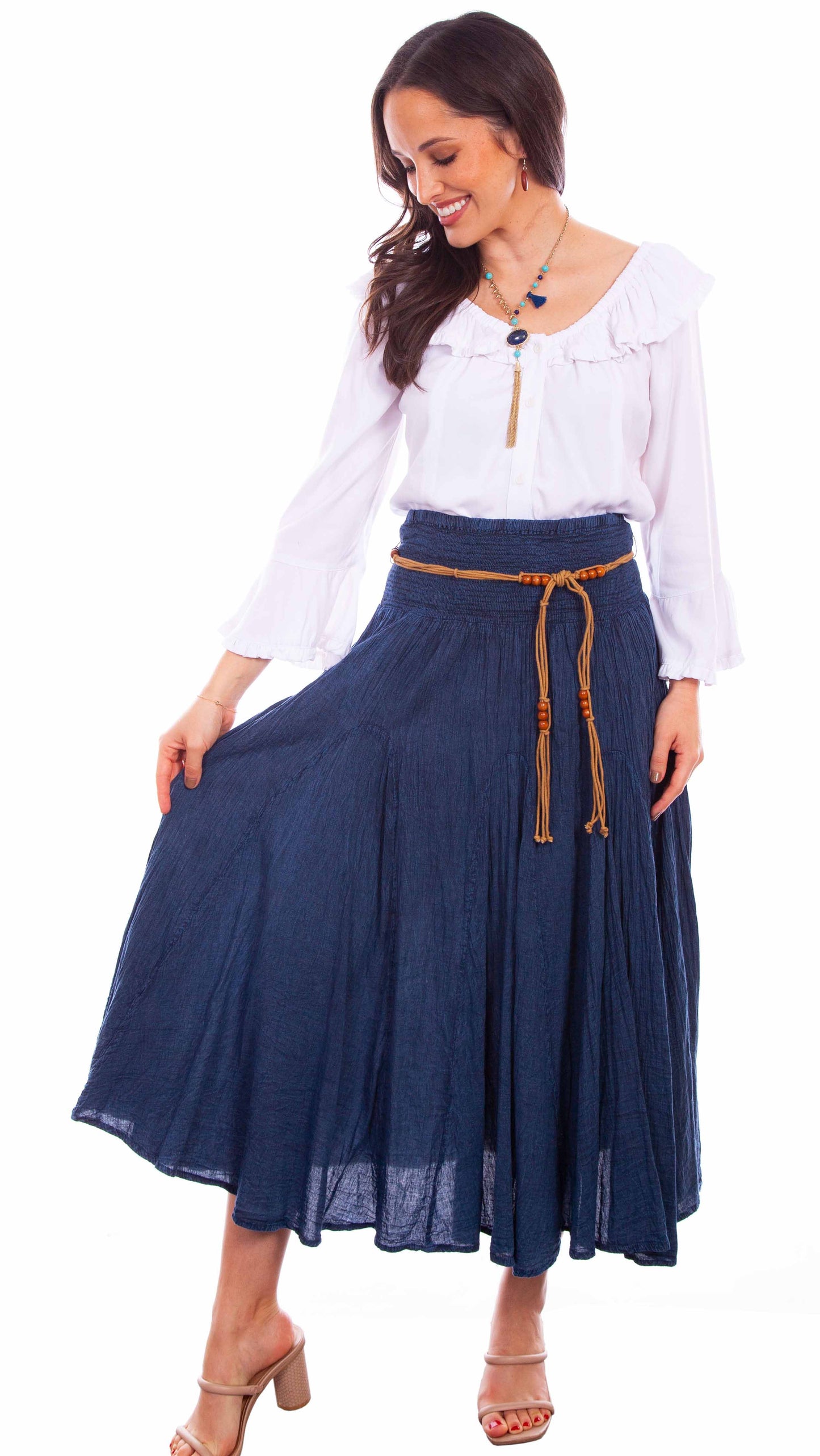 Acid Wash Skirt W/beaded Cord Belt - PSL-136