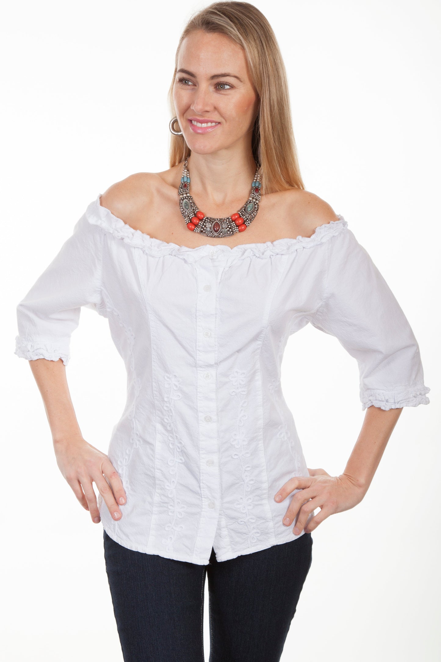 3/4 Slv Scoop Neck Button Front Blou - PSL-182