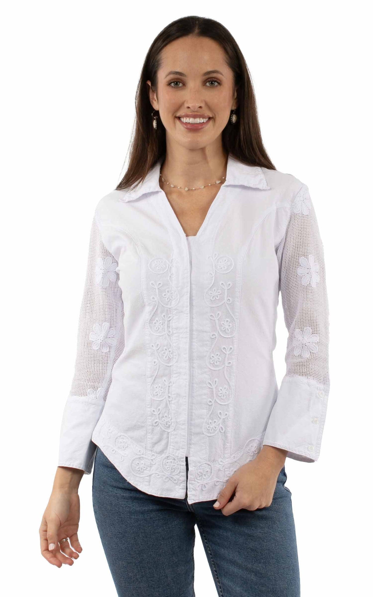 Emb. Blouse W/mesh Sleeves - PSL-274