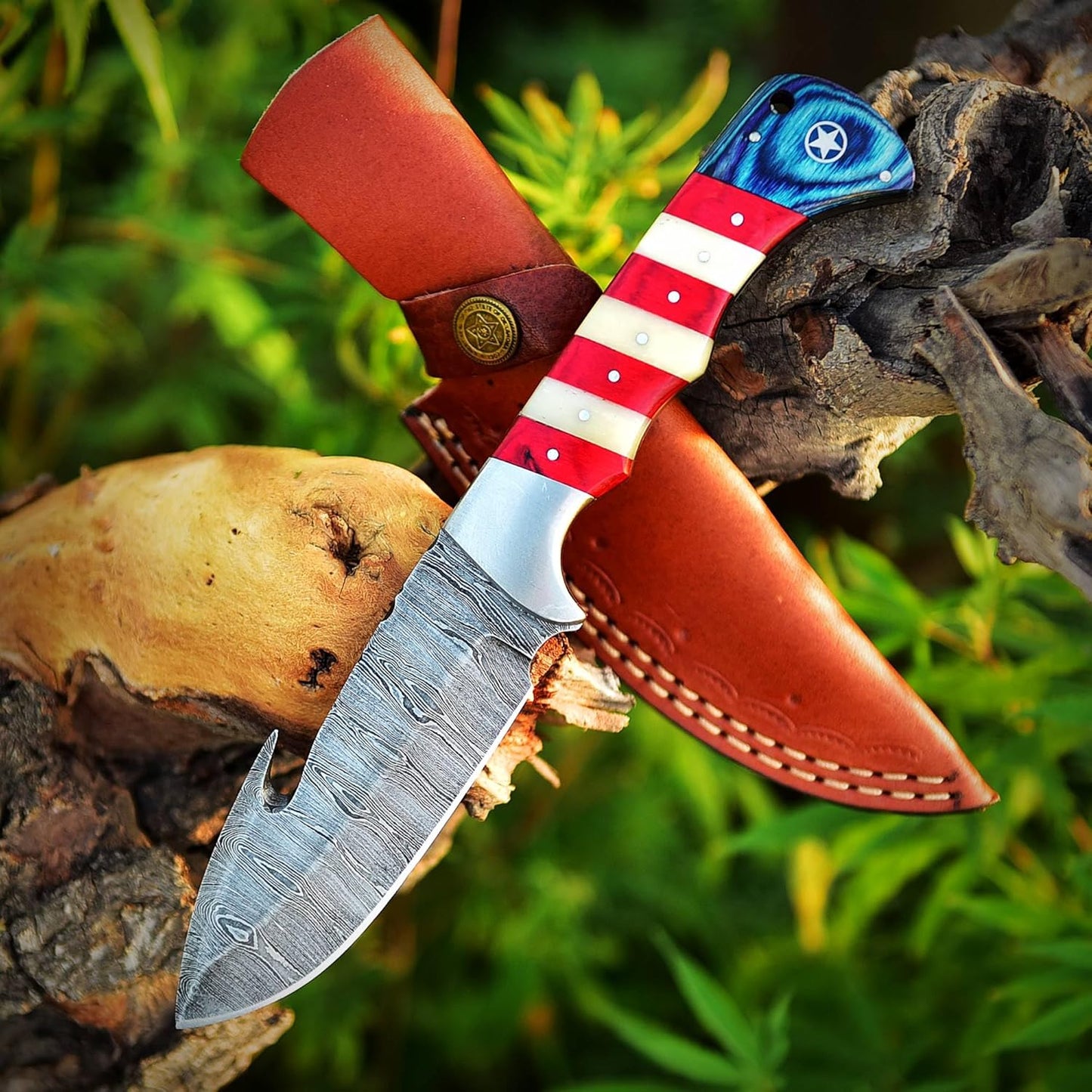 Custom Handmade Damascus Skinning Knife with American Flag Handle
