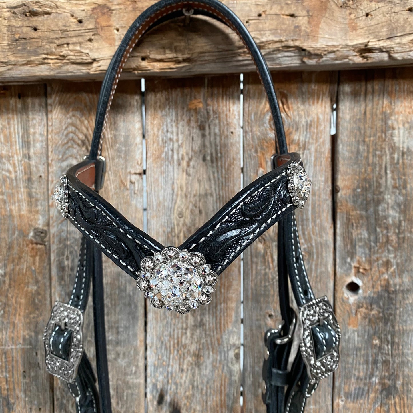 Black Browband Headstall / Bridle & Crystal Conchos #BB205