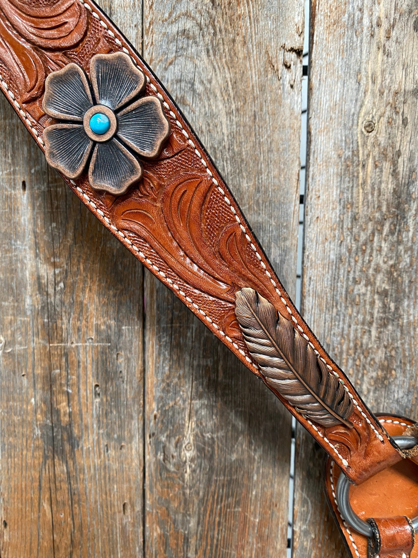 Light Oil Floral Tooled Feather and Flower Breastcollar#BC1052