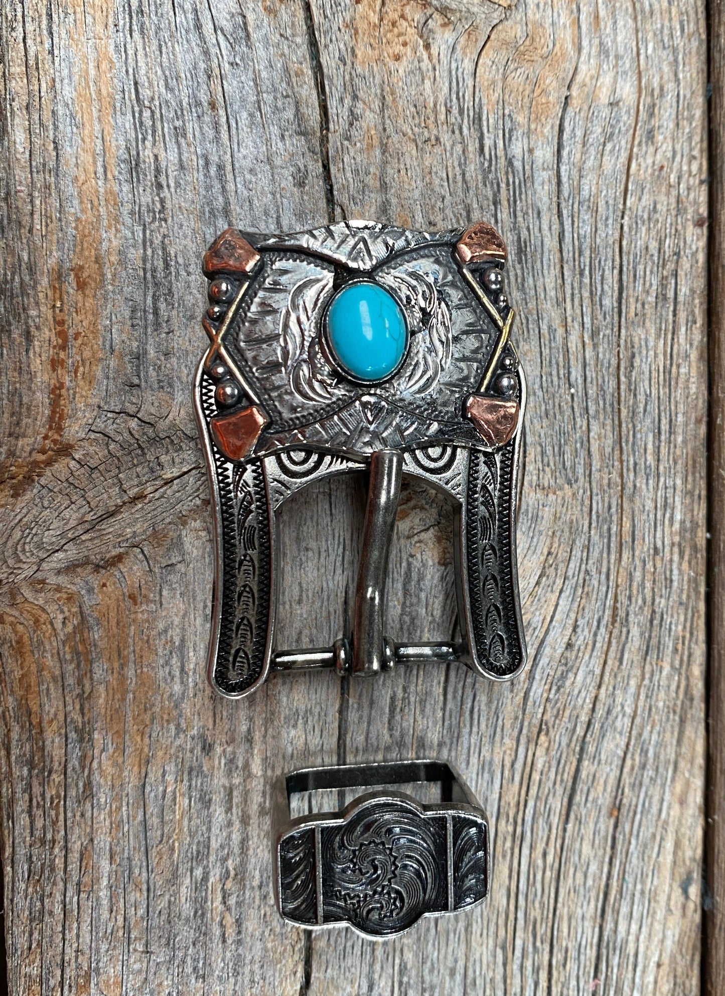 Antique Silver & Copper Turquoise Concho Buckle Adapter W115ASBA