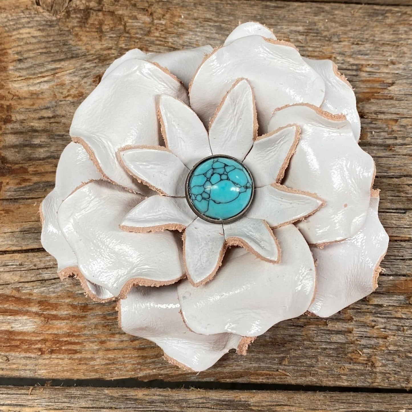 White Gardenia Flower With Round Turquoise Cabochon
