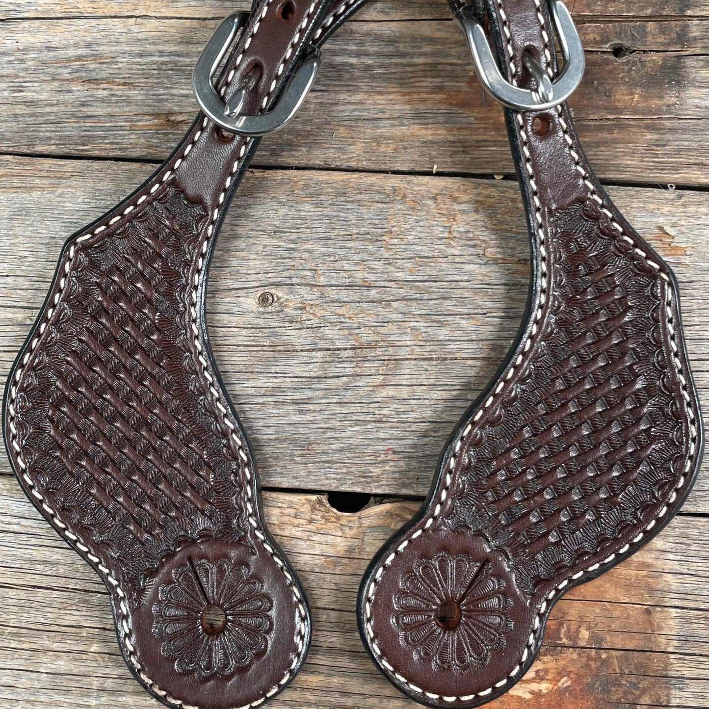 Dark Oil Basketweave Tooled Spur Straps