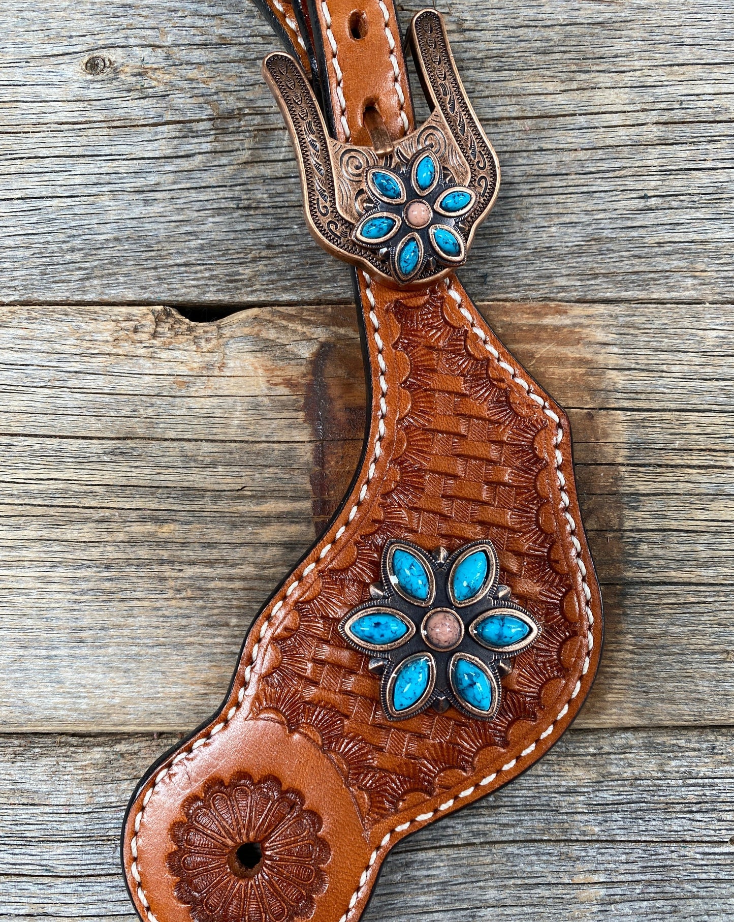 Light Oil Basketweave Spur Straps - Copper Floral Conchos #SS101