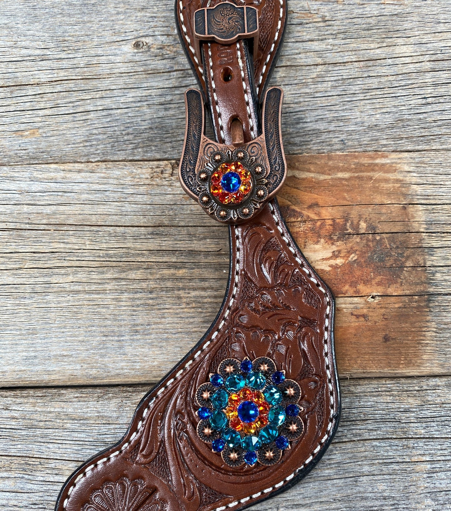 Medium Floral Spur Straps - Copper Crystal Conchos #SS110