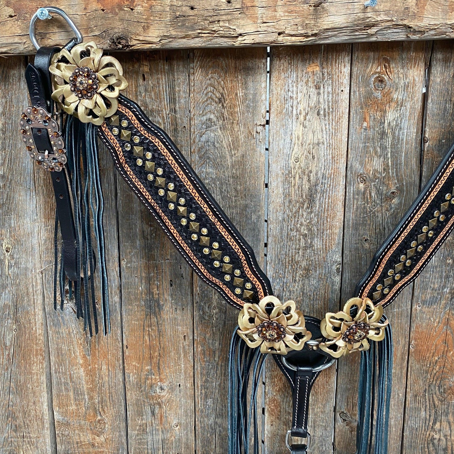 Two Tone Leather - Brass Studded Gold Browband / Breastcollar Tack Set #BBBC538