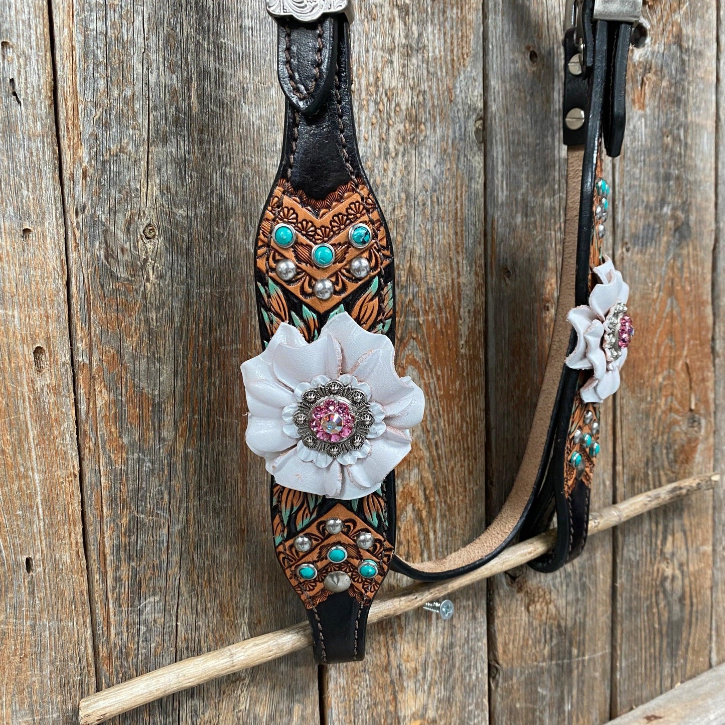 Two Tone Floral Pink and White Browband/ Breastcollar Tack Set #BBBC539