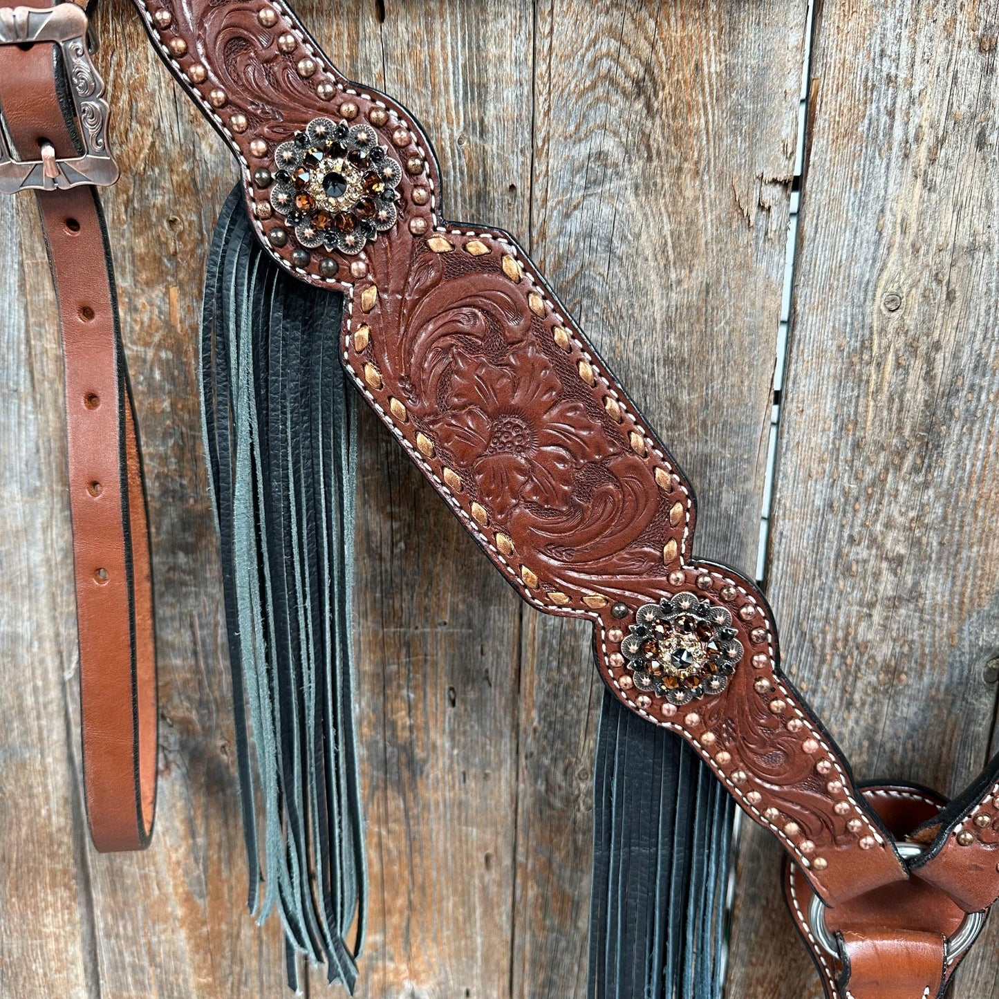 Copper Dot and Buckstitch Jet, Champagne and Topaz Browband Tack Set #BBBC552