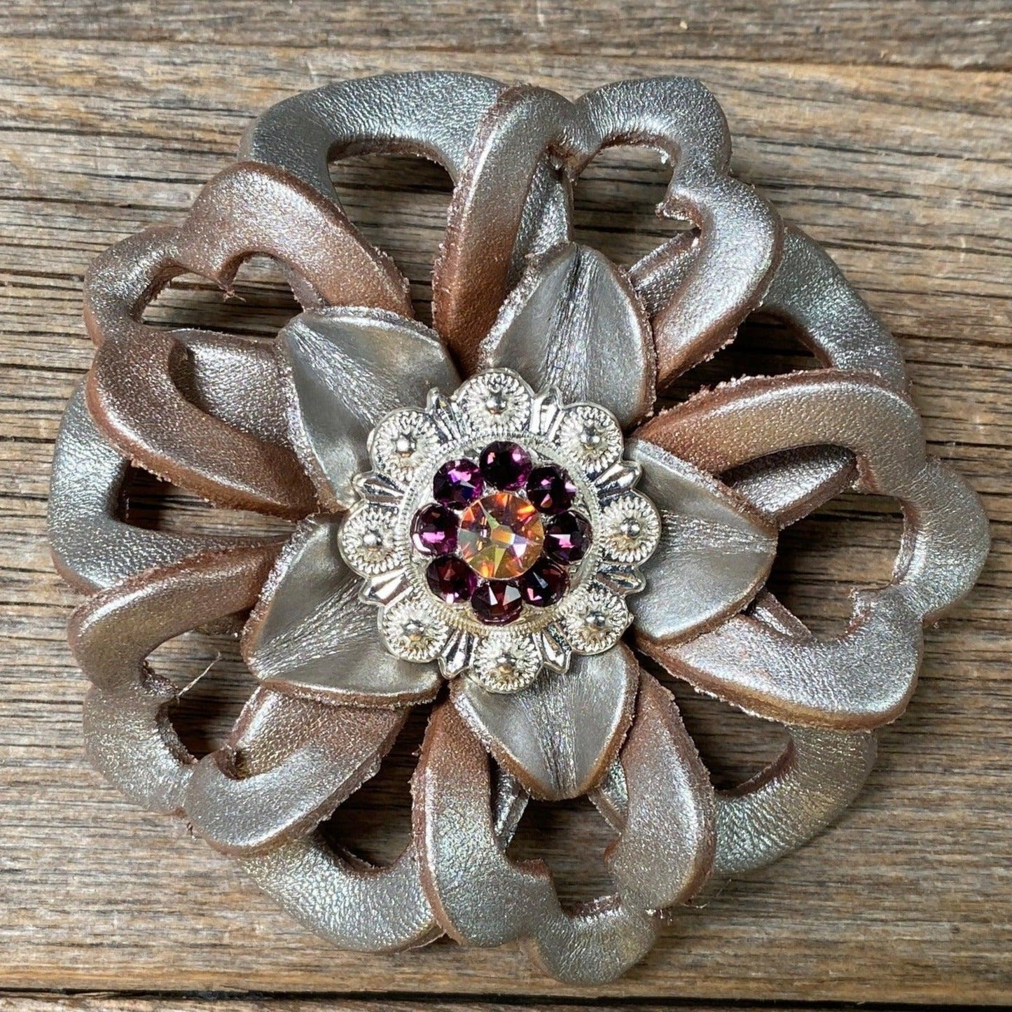 Silver Lotus Flower With Bright Silver Amethyst & AB 1" Concho