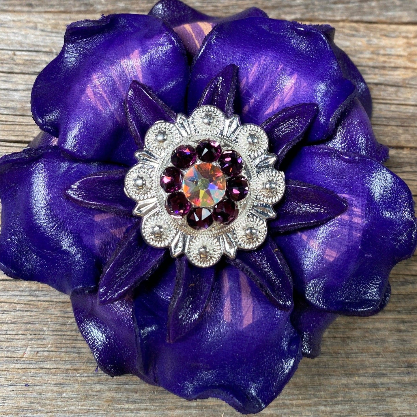 Purple Gardenia Flower With Bright Silver Amethyst & AB 1" Concho