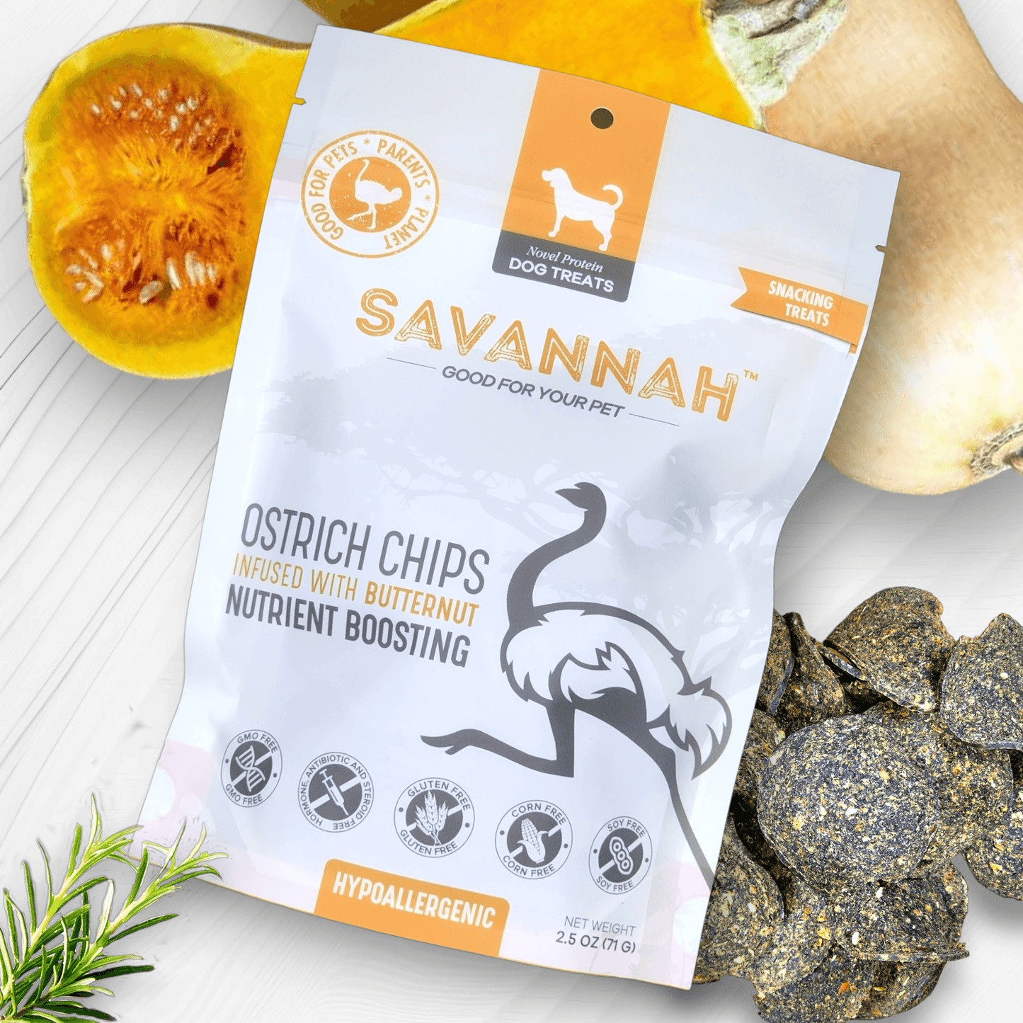 Ostrich Chips with Butternut (2.5oz): The Flavorful, Hypoallergenic Treat for Dogs with Sensitive Stomachs