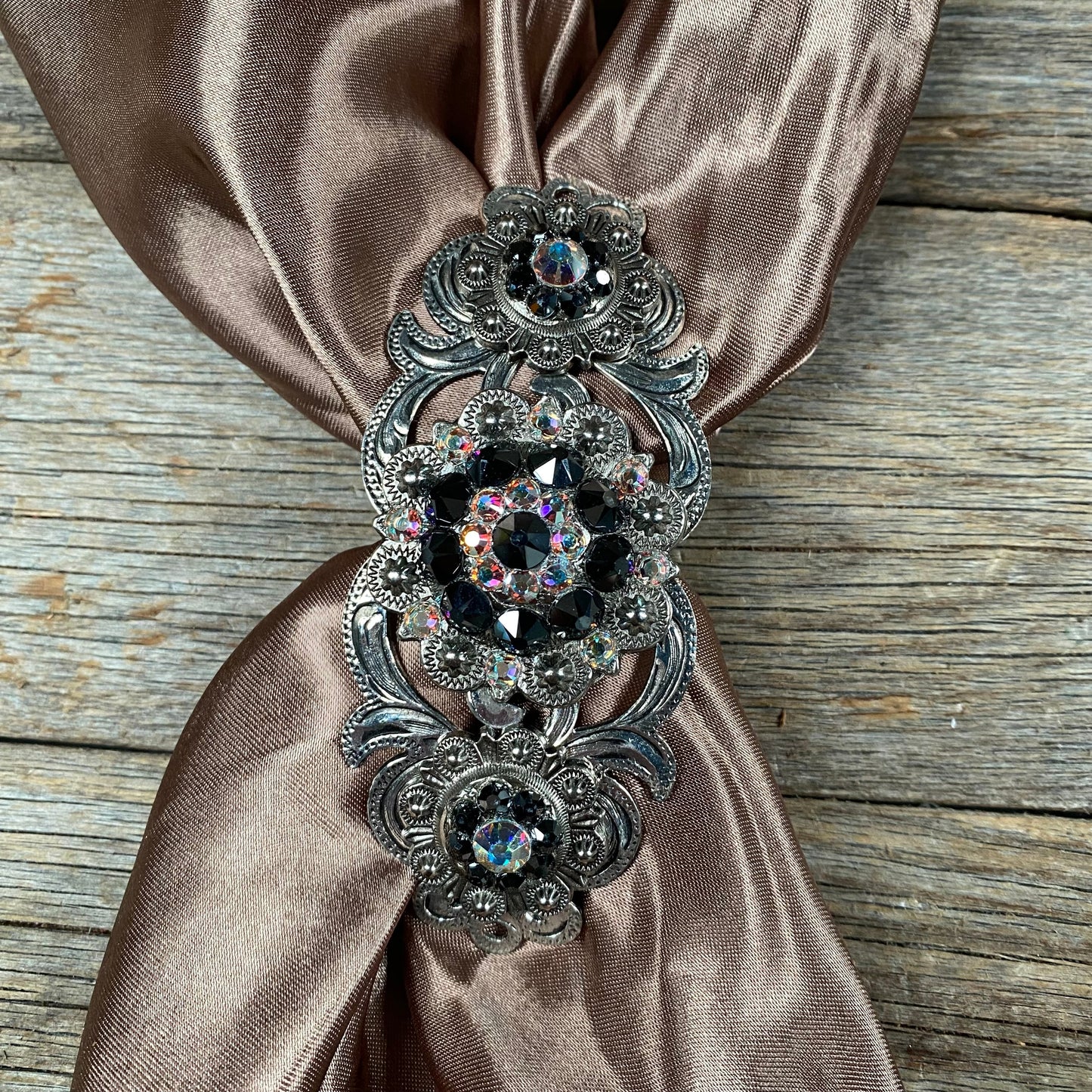 Triple Concho Antique Silver Crystal Slide Jet and AB