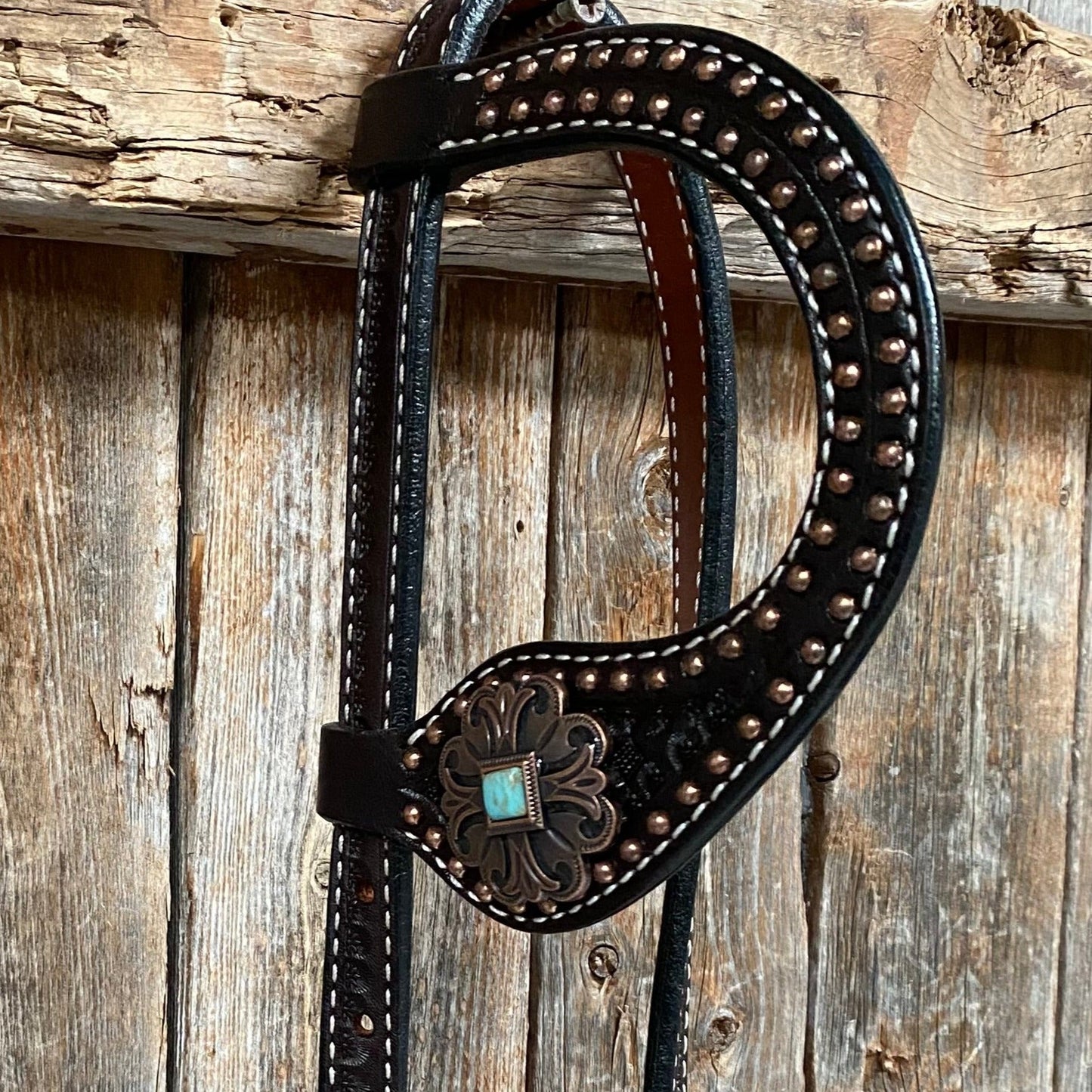 Copper Dot Honeycomb Turquoise Browband / One Ear Tack Set #BBBC583