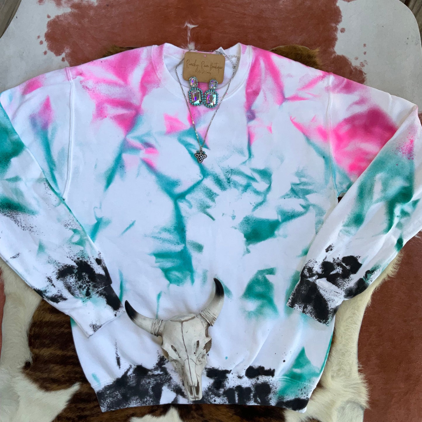 Pink and Turquoise Splatter Western Sweatshirt