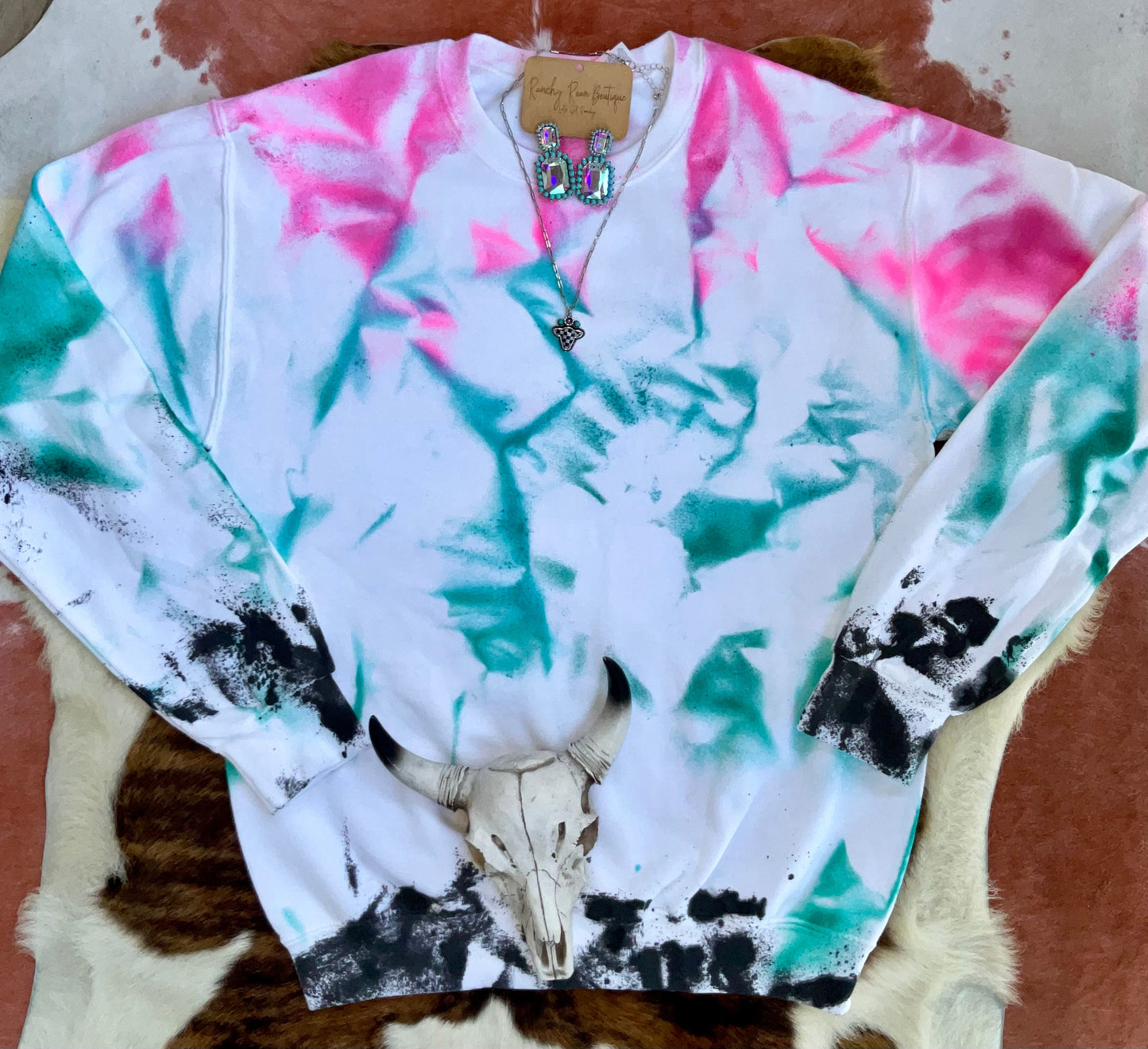 Pink and Turquoise Splatter Western Sweatshirt