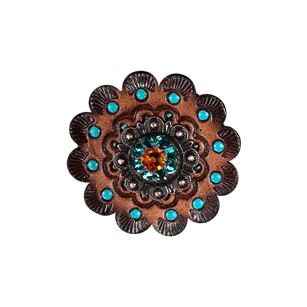 Fire Opal & Teal Copper 1" European Crystal Concho and Leather Rosette