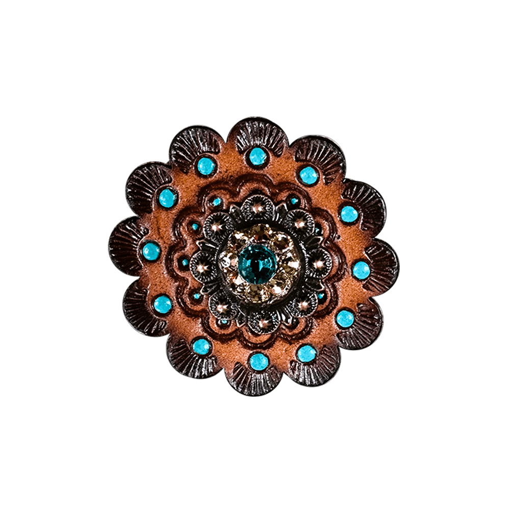 Teal & Champagne Copper 1" European Crystal Concho and Leather Rosette