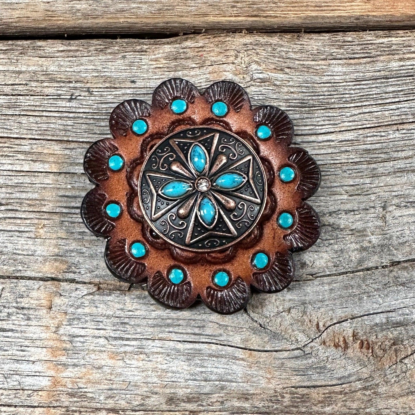 Leather Rosette Dark Oil Edges with Copper Turquoise Western Concho R112W138S