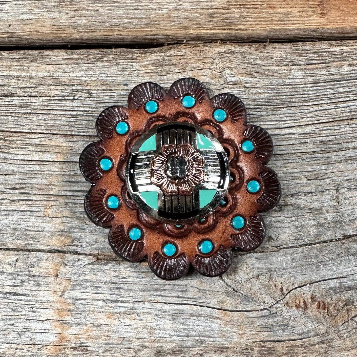 Leather Rosette Dark Oil Edges with Antique Silver and Copper Flower Western Concho R112W190S