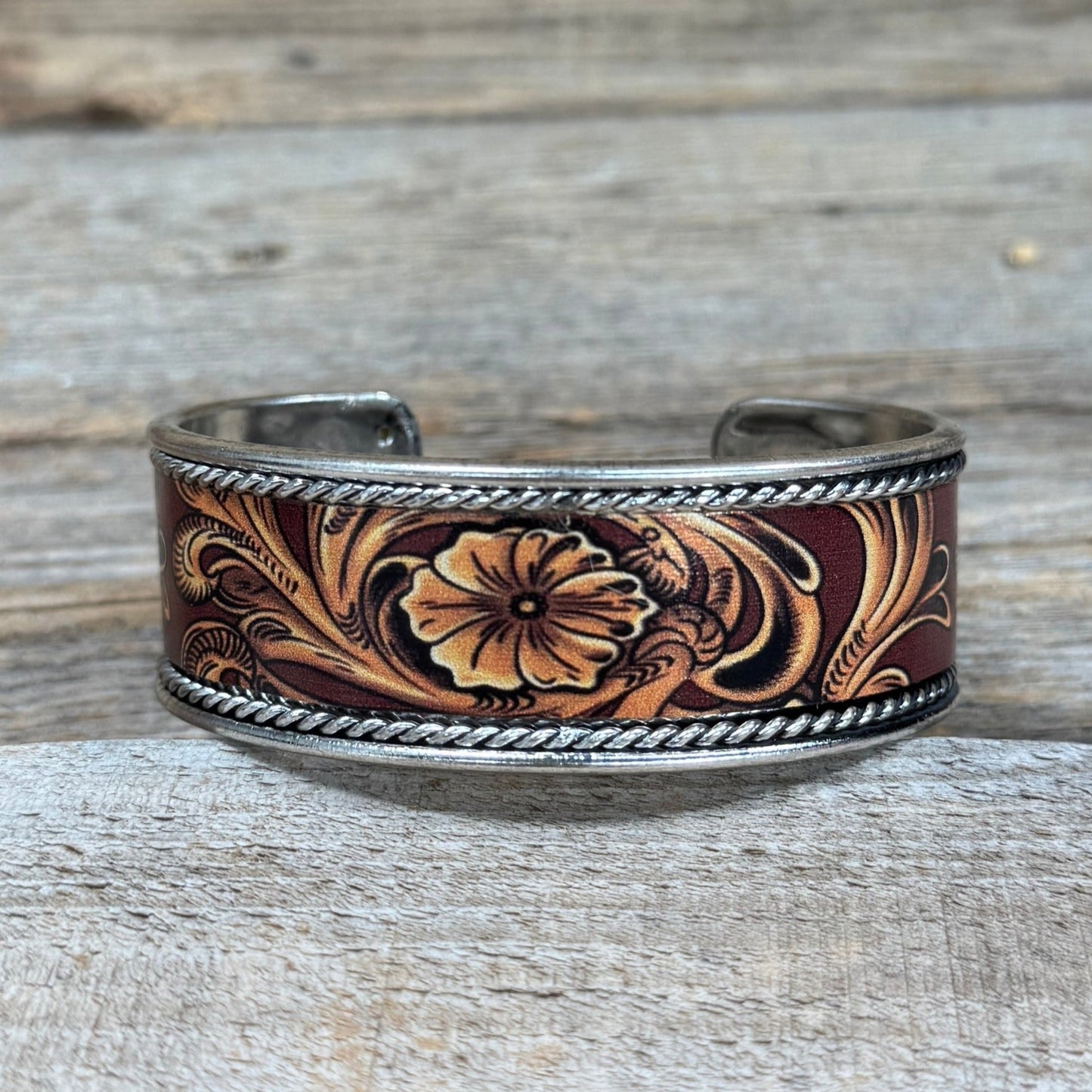Wild West Silver Floral Fashion Cuff Bracelet - Two Toned
