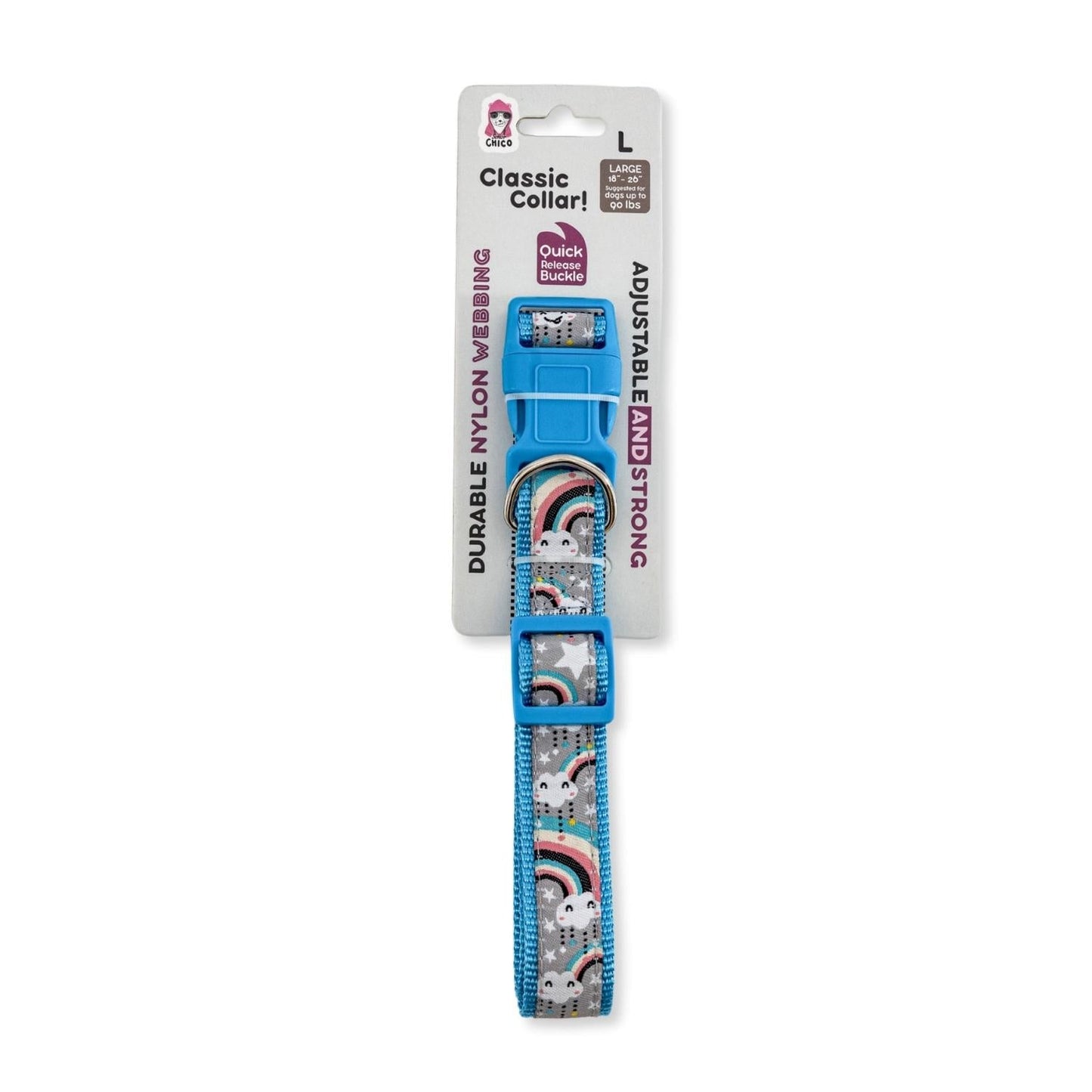 Nylon Dog Collar with Embroidered Rainbow Design, Secure & Adjustable Fit, Comfortable Wear