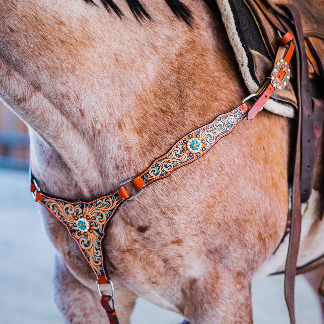 Rust Triangle Fire Opal and Teal One Ear/ Breastcollar Tack Set #OEBC518
