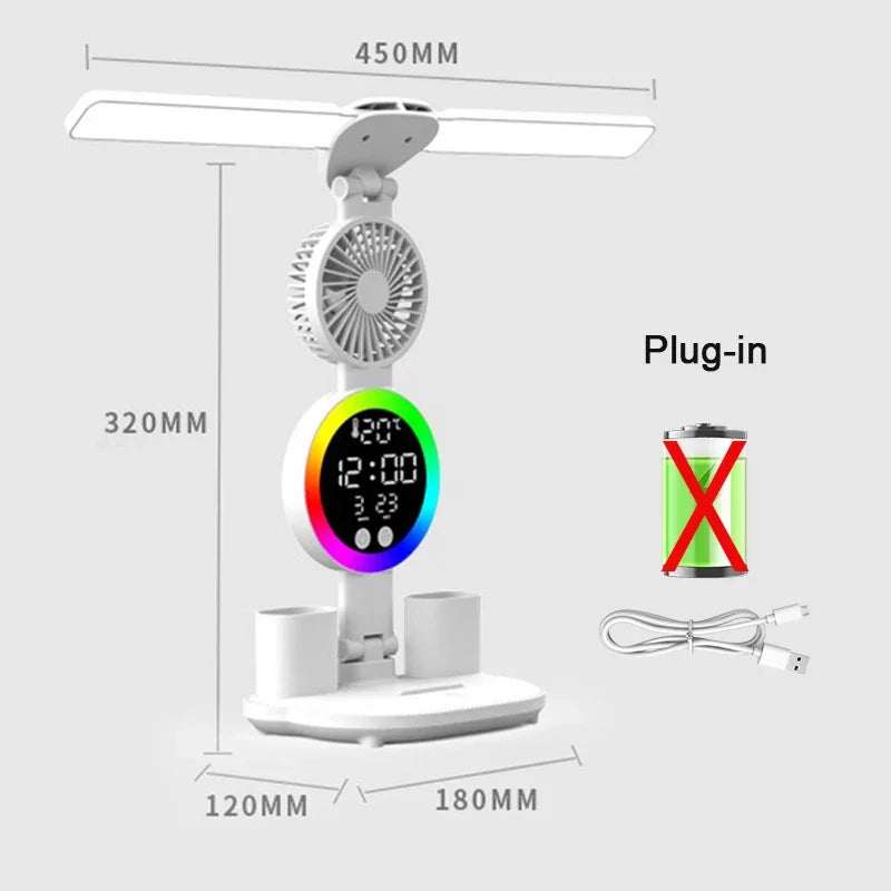 Rechargeable Or C-Type Plug In LED Table Lamp with Fan, Clock Display, and Adjustable Reading Light for Study and Night Use