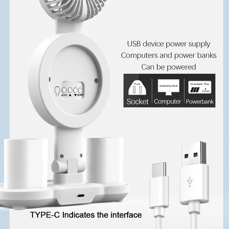 Rechargeable Or C-Type Plug In LED Table Lamp with Fan, Clock Display, and Adjustable Reading Light for Study and Night Use