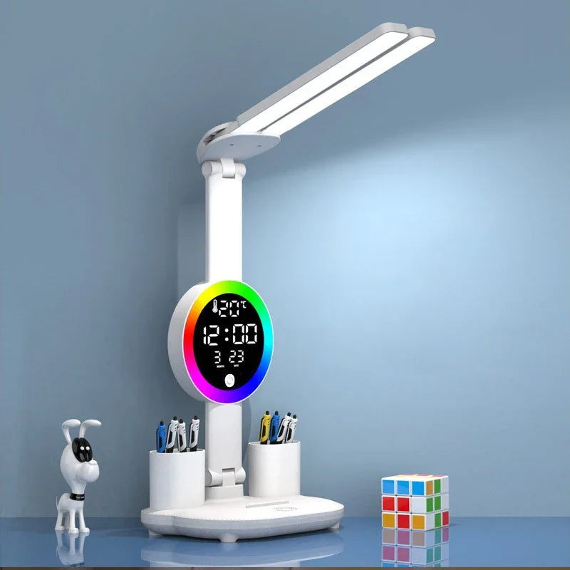 Rechargeable Or C-Type Plug In LED Table Lamp with Fan, Clock Display, and Adjustable Reading Light for Study and Night Use