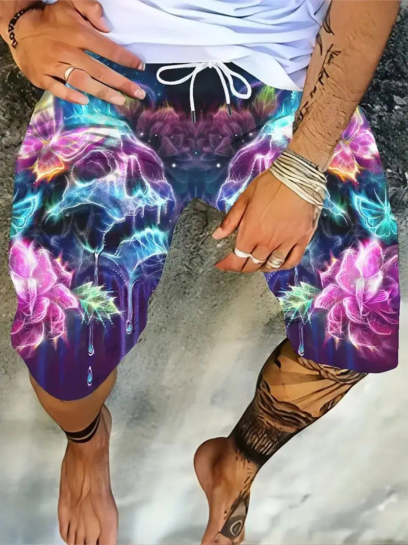 Spring Collection New Men's Summer Casual Shorts 3D Skull Print Creative Cool Street Vacation Polyester Soft BreathableBeach PantsSurfboard Shorts