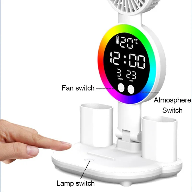 Rechargeable Or C-Type Plug In LED Table Lamp with Fan, Clock Display, and Adjustable Reading Light for Study and Night Use