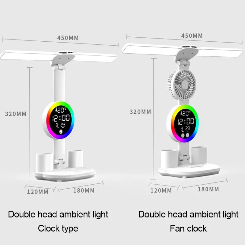 Rechargeable Or C-Type Plug In LED Table Lamp with Fan, Clock Display, and Adjustable Reading Light for Study and Night Use