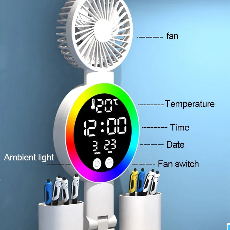 Rechargeable Or C-Type Plug In LED Table Lamp with Fan, Clock Display, and Adjustable Reading Light for Study and Night Use